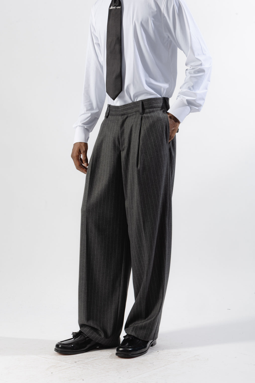 Grey Pinstripe Loose-Fit Tailored Trousers