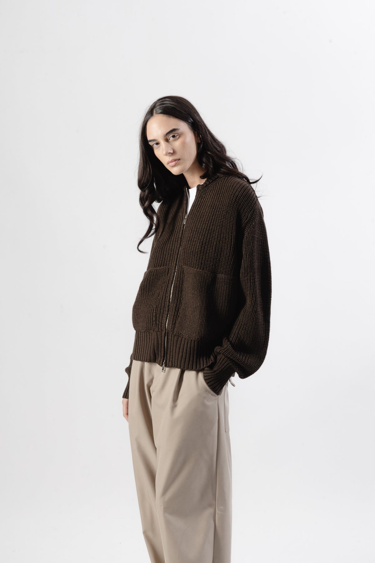 Brown Full-Zip Knit Jacket