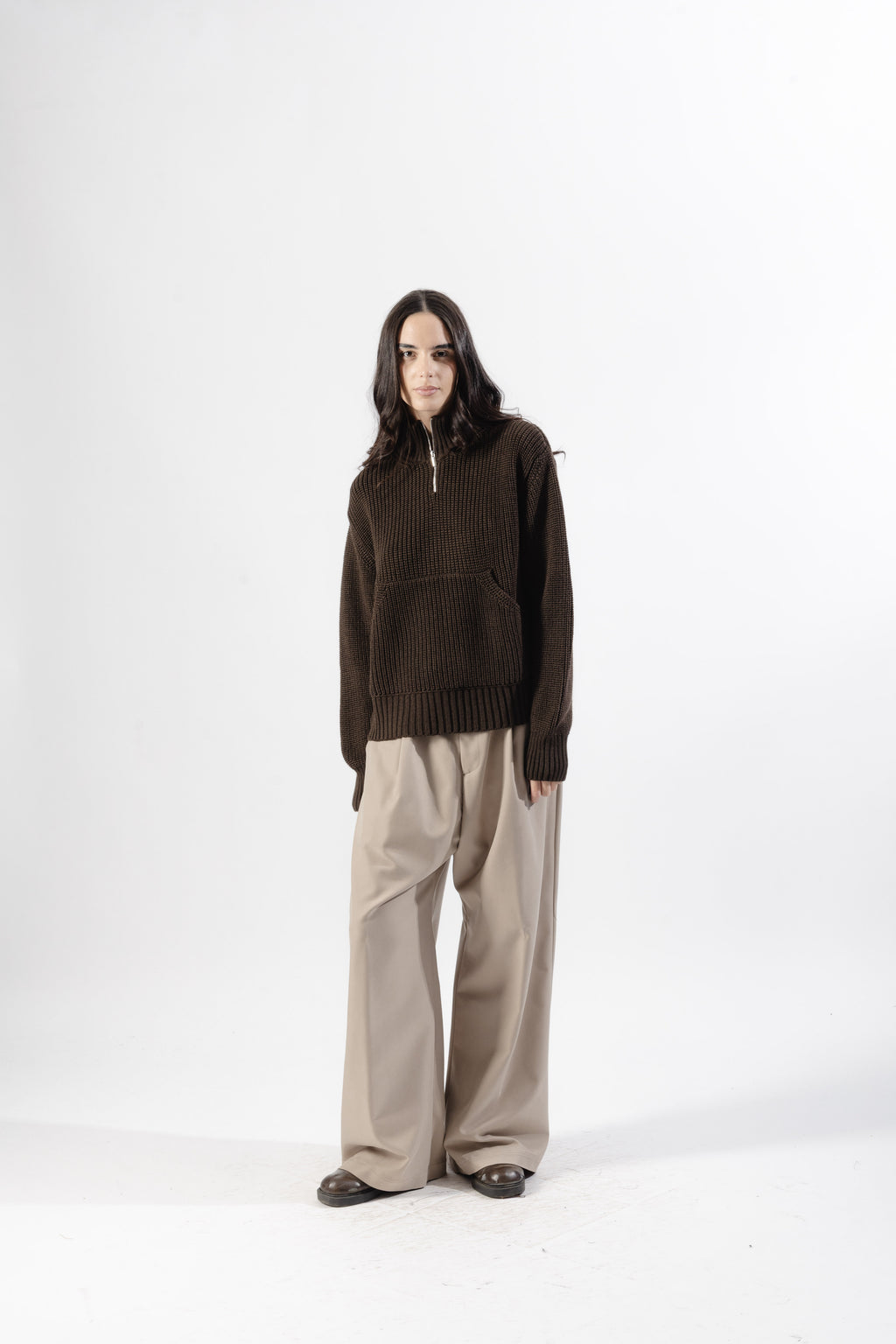 Brown Quarter Zip Knit Sweater