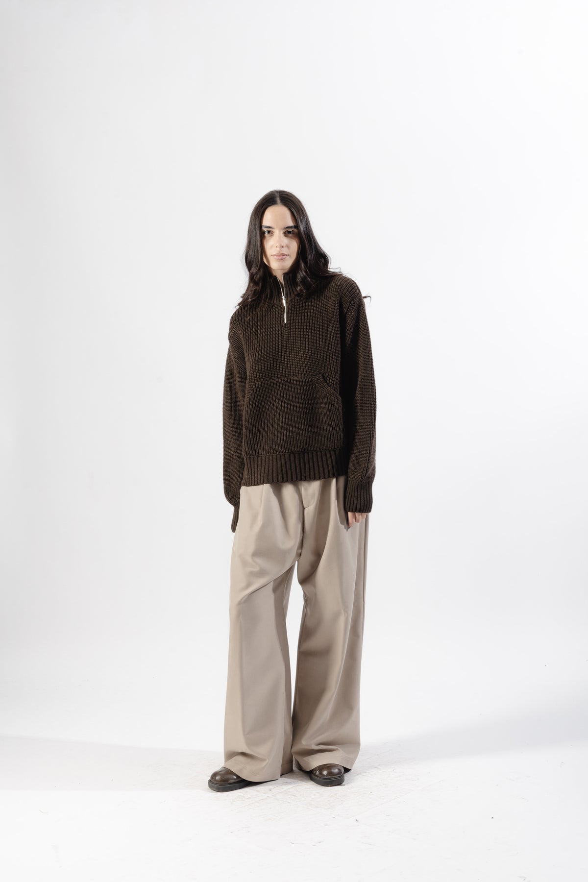 Brown Quarter Zip Knit Sweater