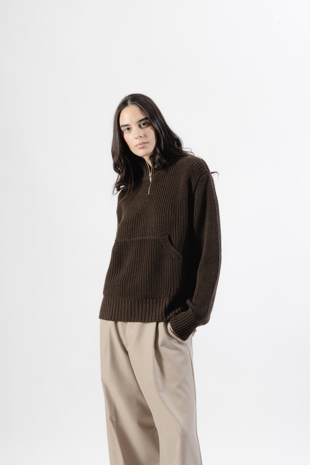 Brown Quarter Zip Knit Sweater