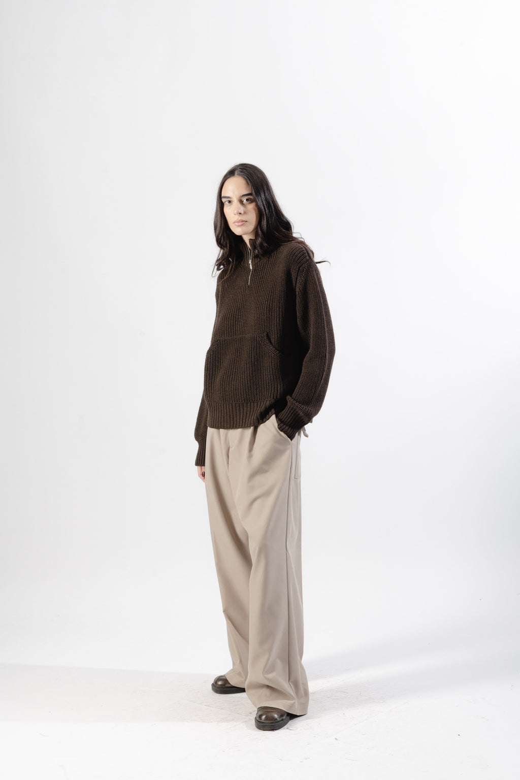 Brown Quarter Zip Knit Sweater