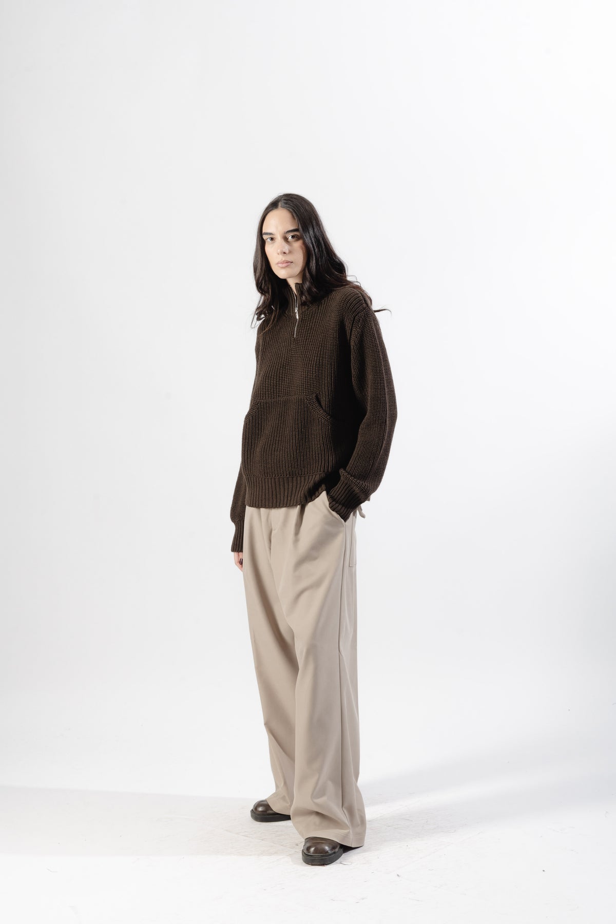 Brown Quarter Zip Knit Sweater