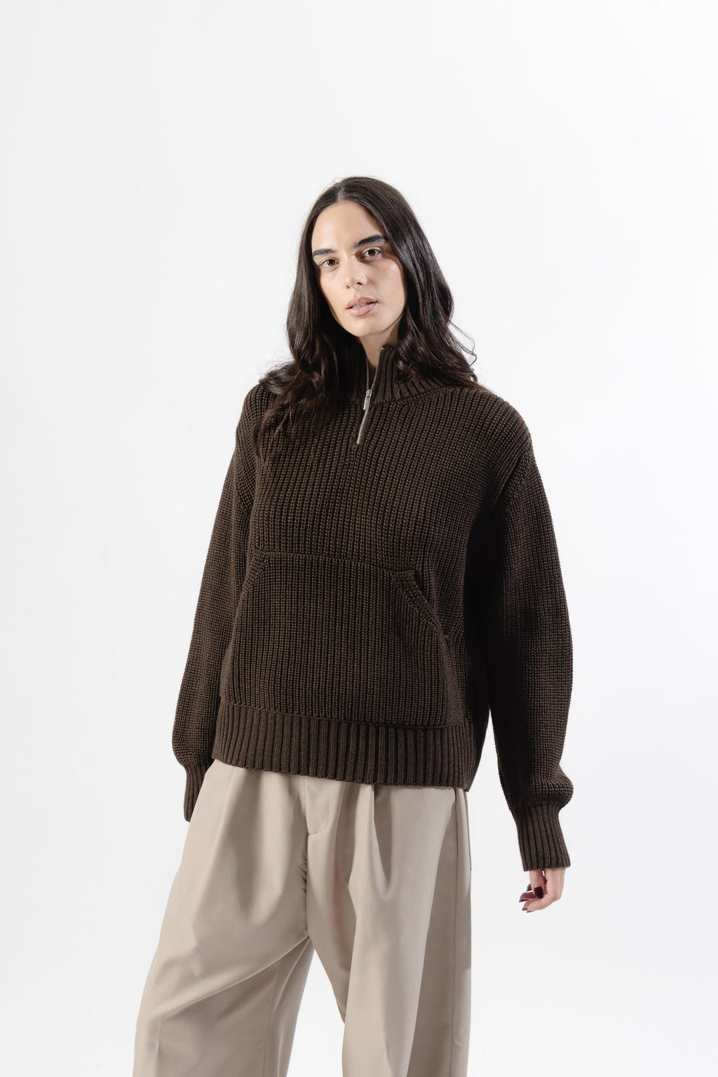 Brown Quarter Zip Knit Sweater