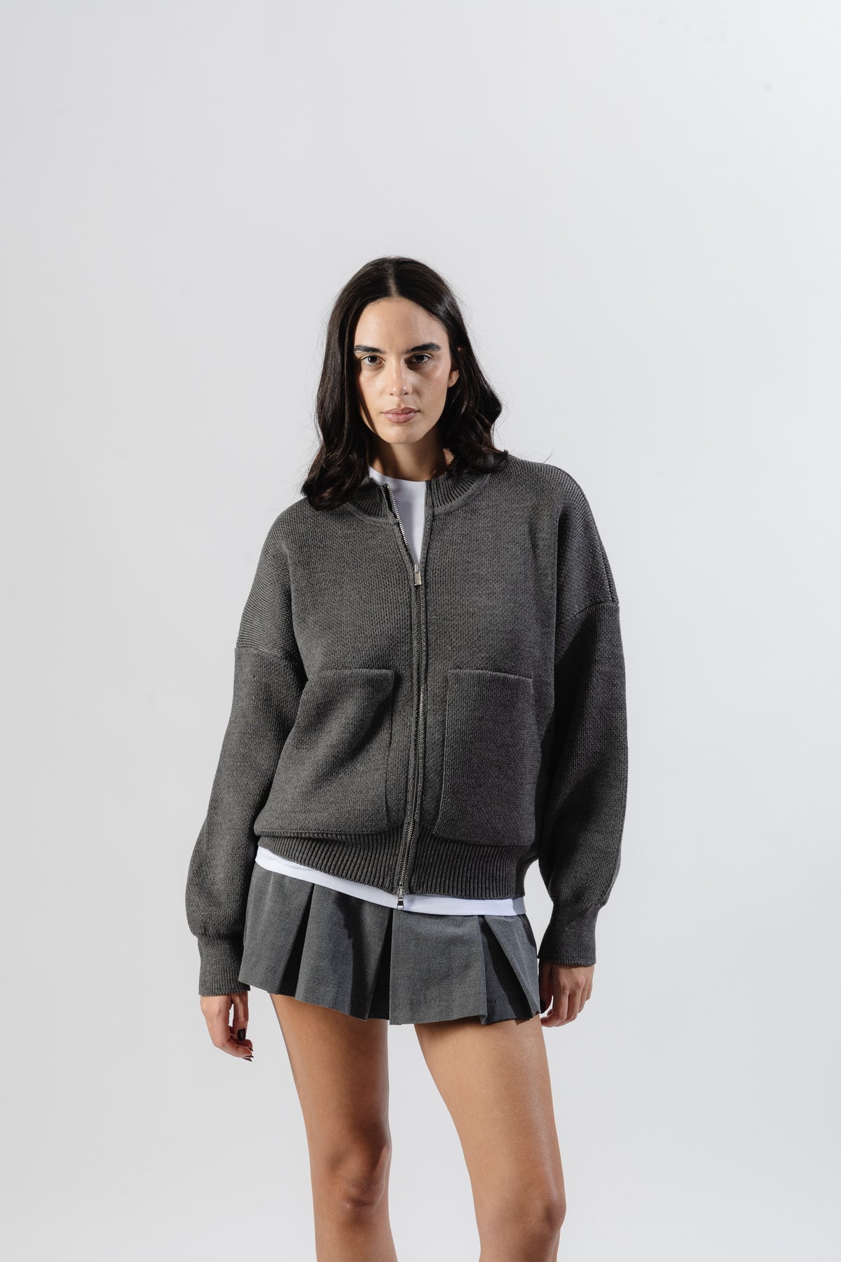 Grey Oversized Knit Bomber