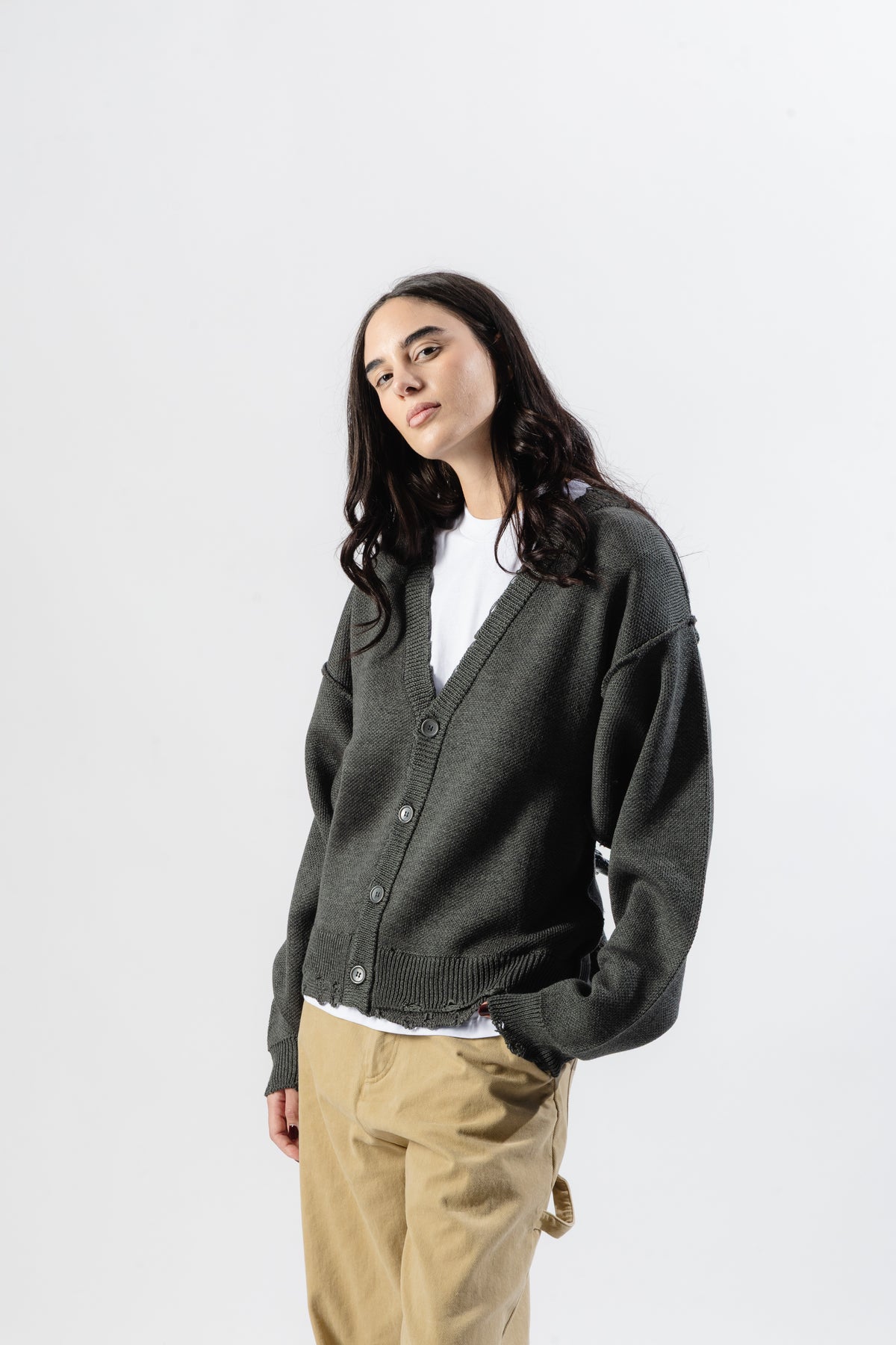 Grey Distressed Knit Cardigan