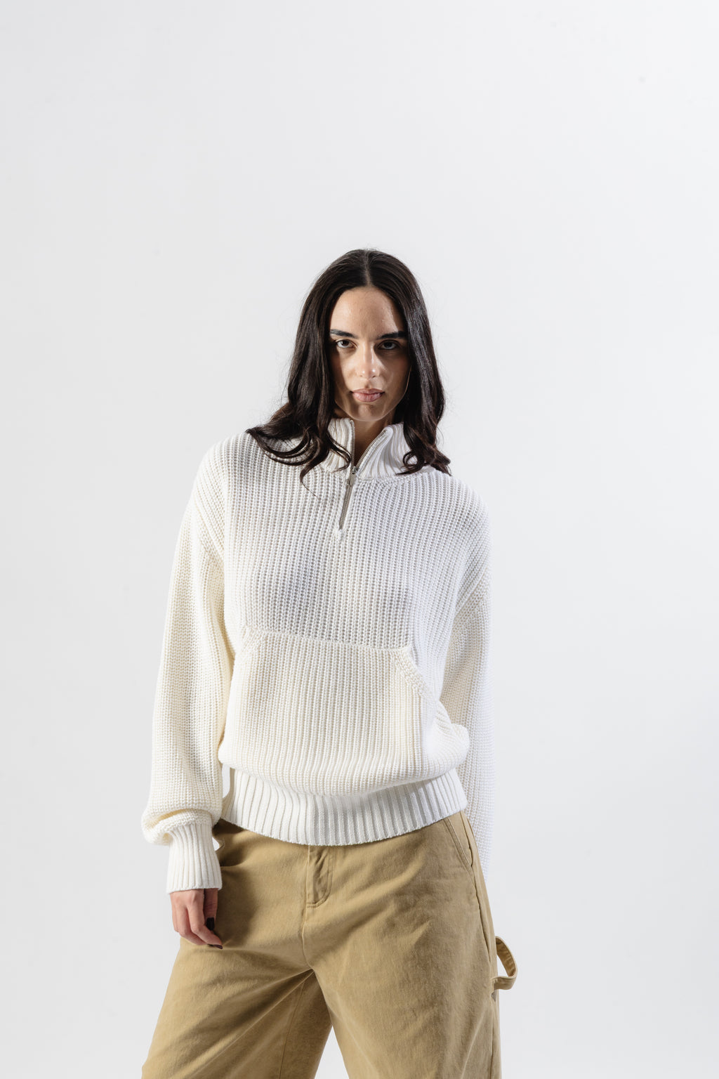 Cream Quarter Zip Knit Sweater