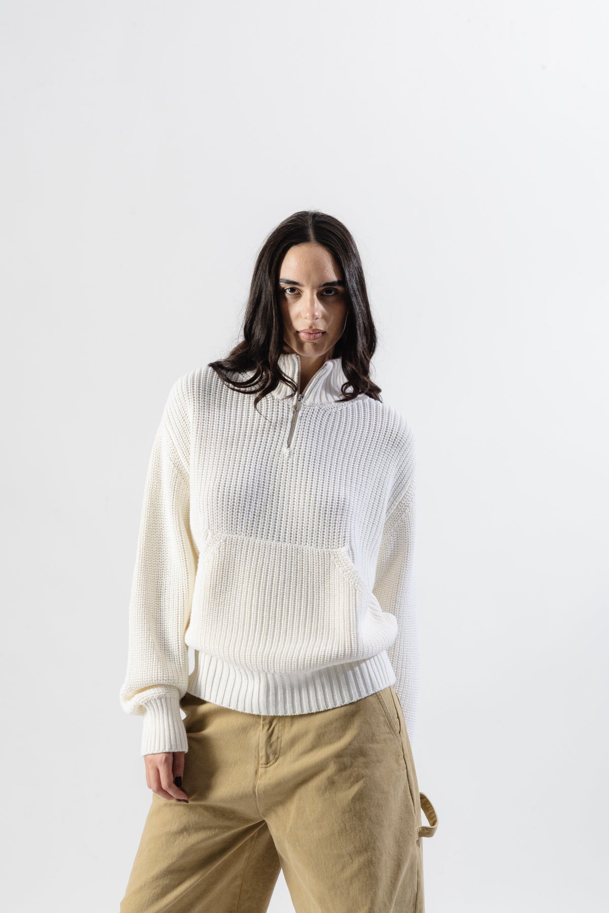 Cream Quarter Zip Knit Sweater