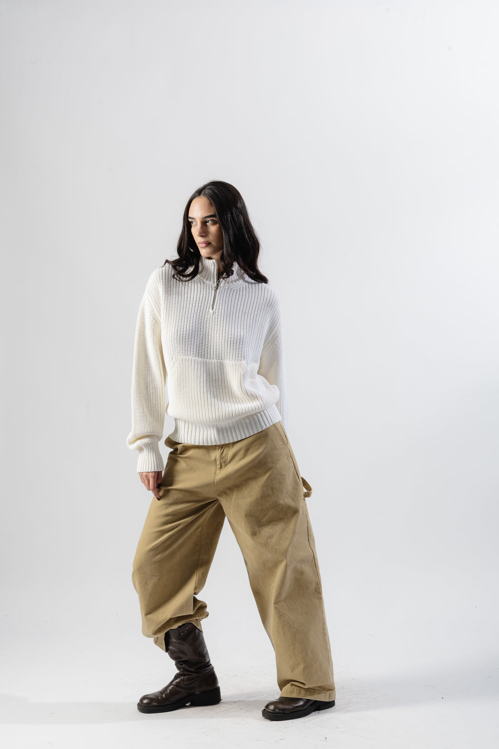 Cream Quarter Zip Knit Sweater