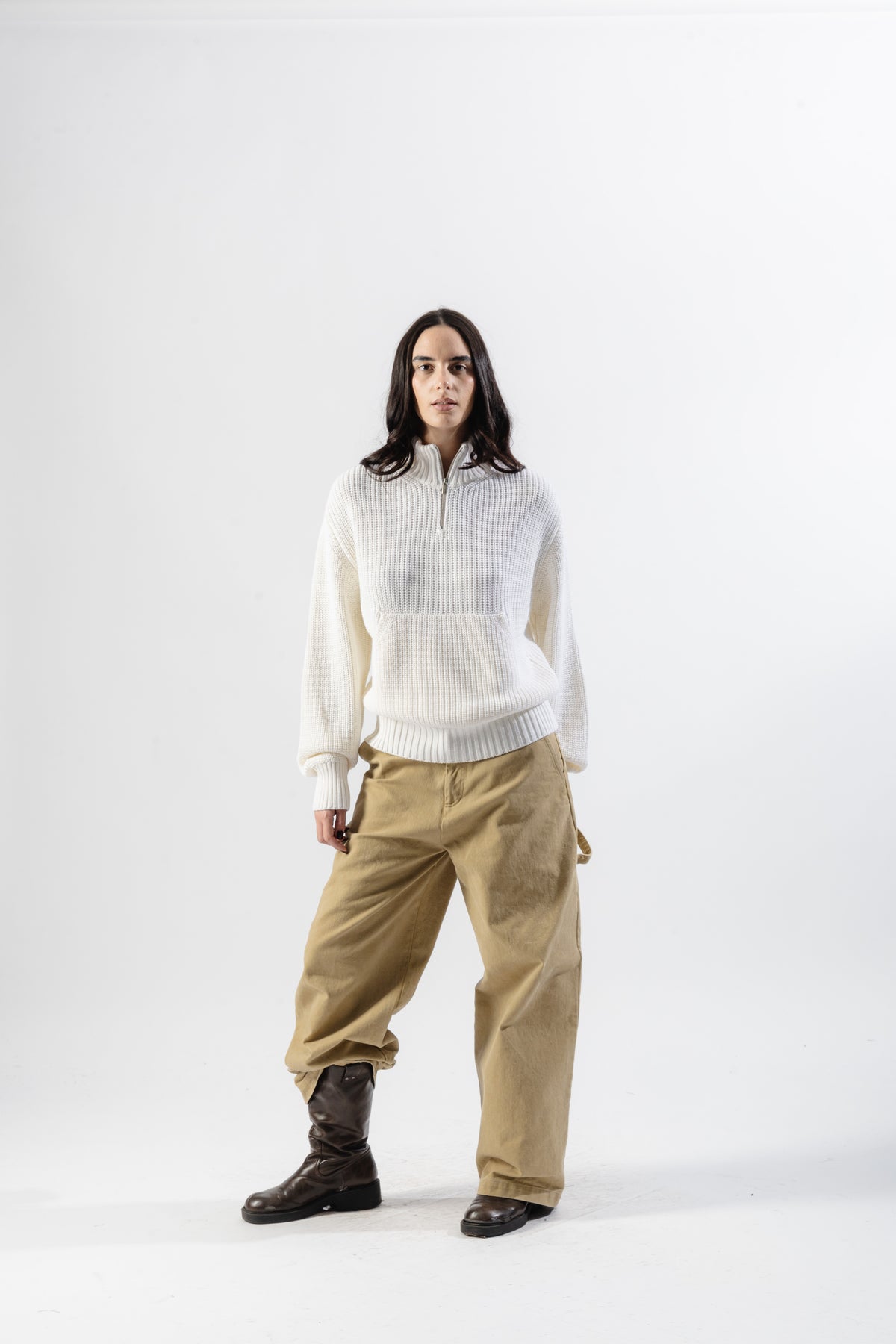 Cream Quarter Zip Knit Sweater