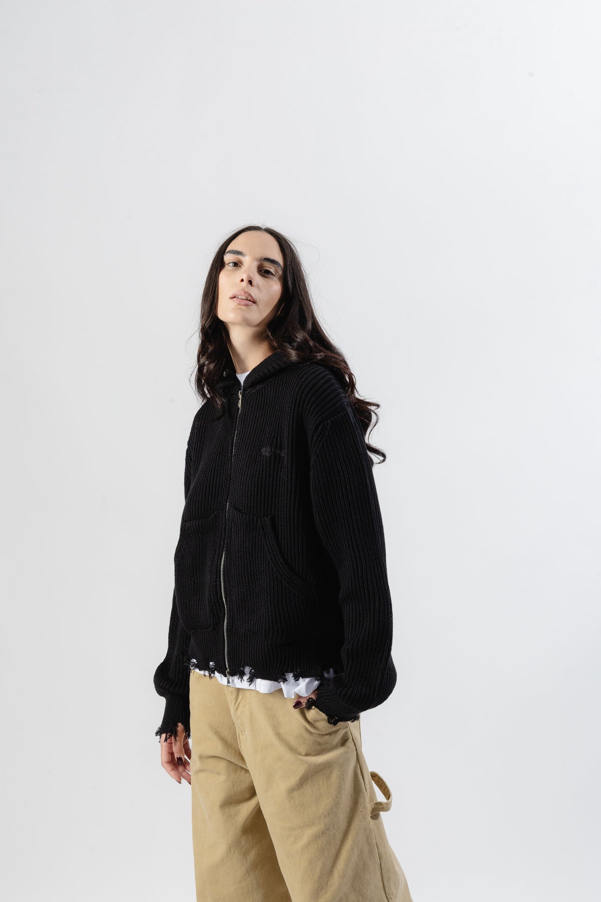 Black Full-Zip Knit Hoodie