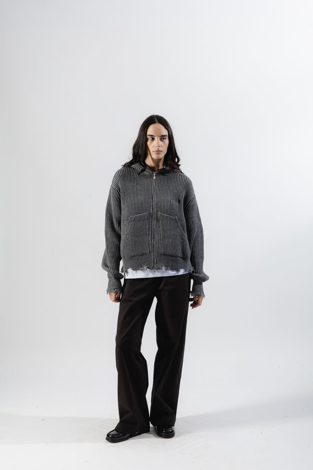 Grey Full-Zip Knit Hoodie