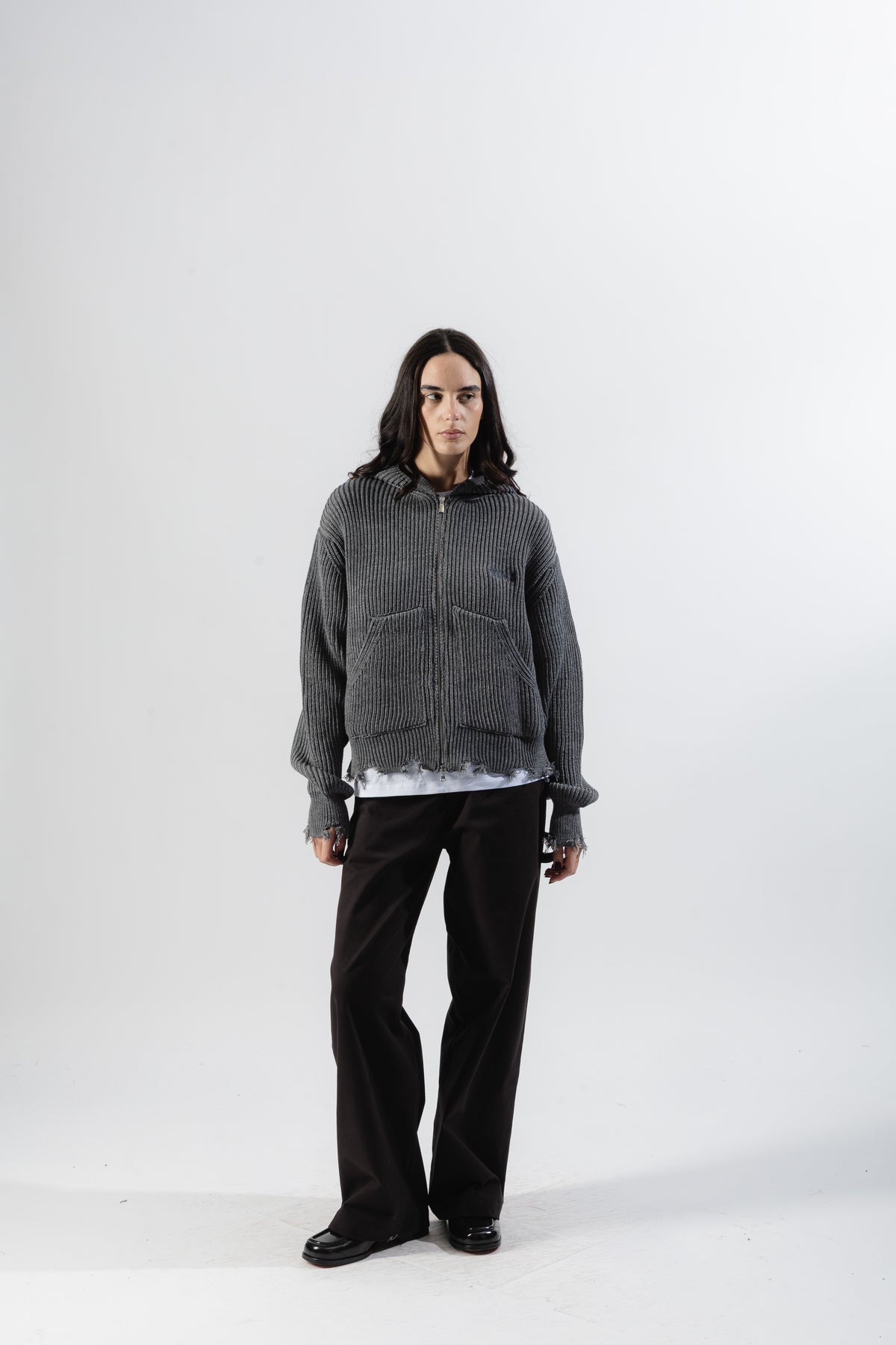 Grey Full-Zip Knit Hoodie