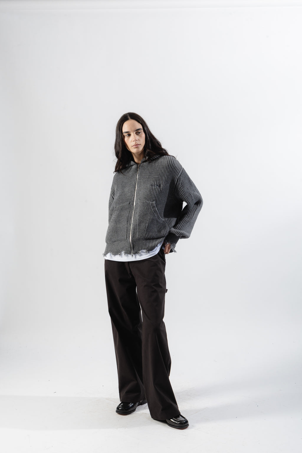 Grey Full-Zip Knit Hoodie