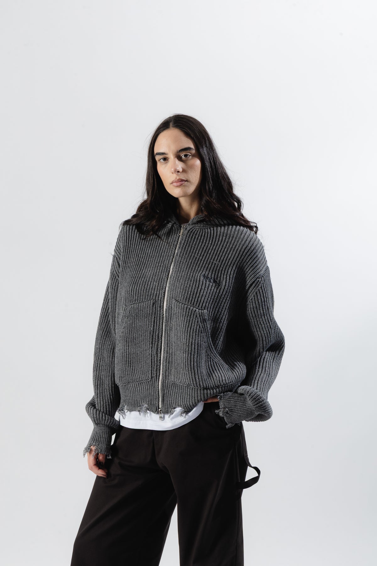 Grey Full-Zip Knit Hoodie