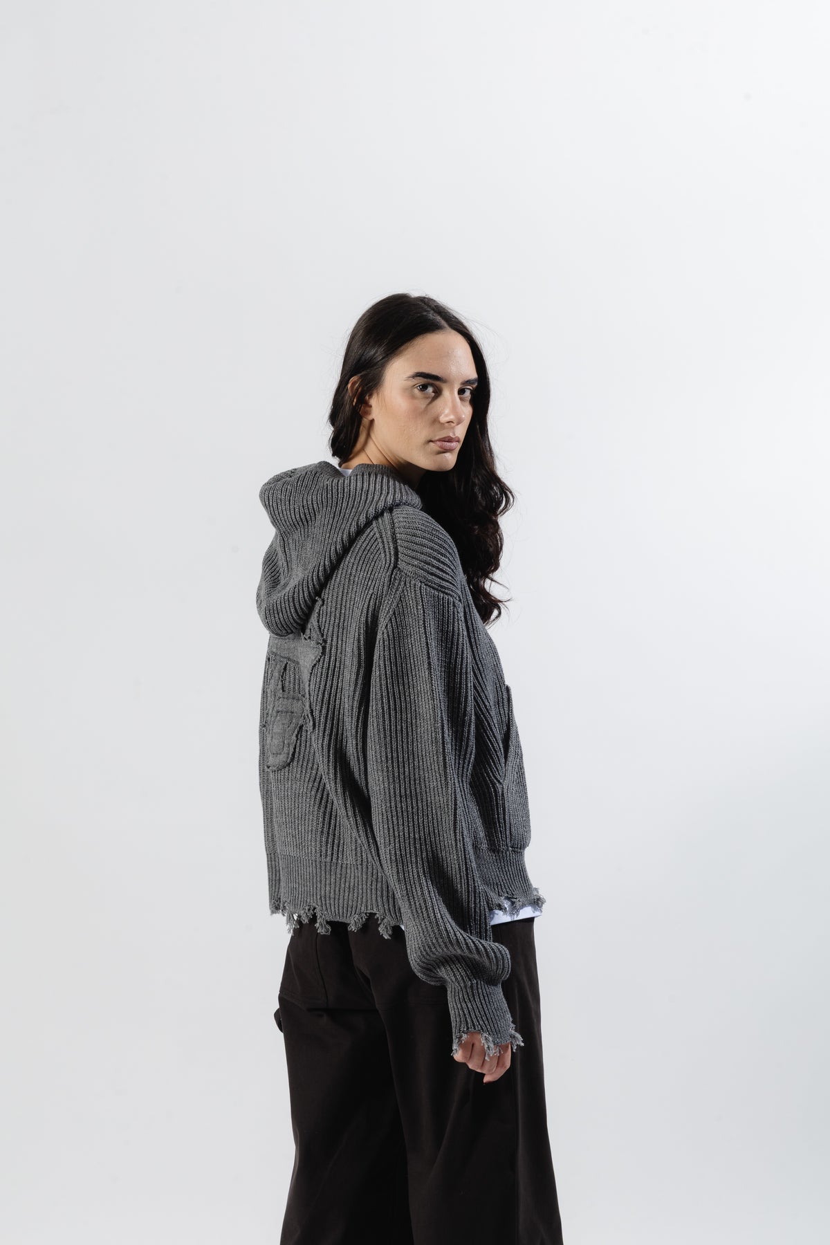 Grey Full-Zip Knit Hoodie
