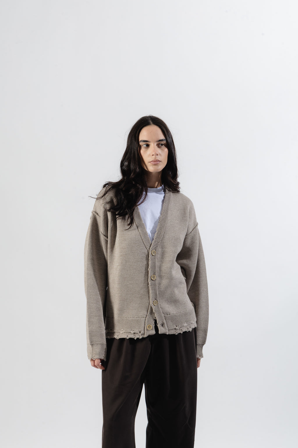 Beige Distressed Knit Cardigan