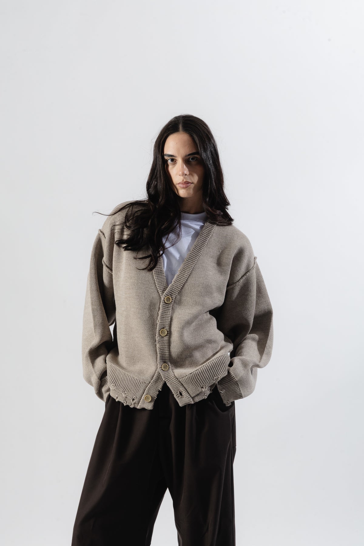 Beige Distressed Knit Cardigan