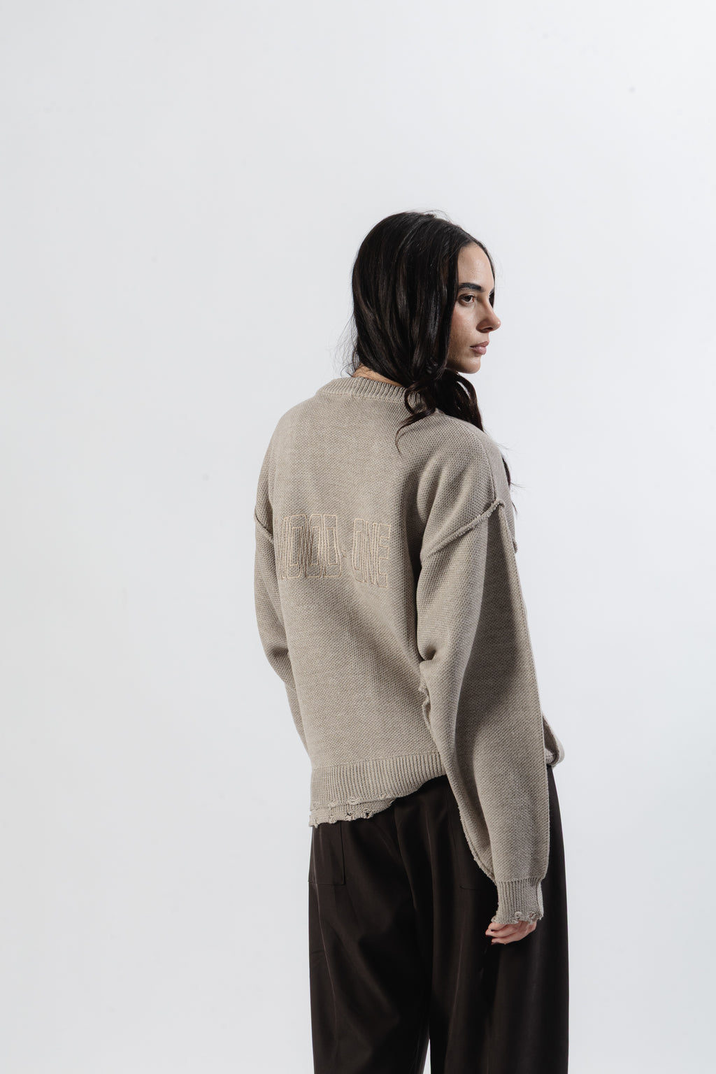 Beige Distressed Knit Cardigan