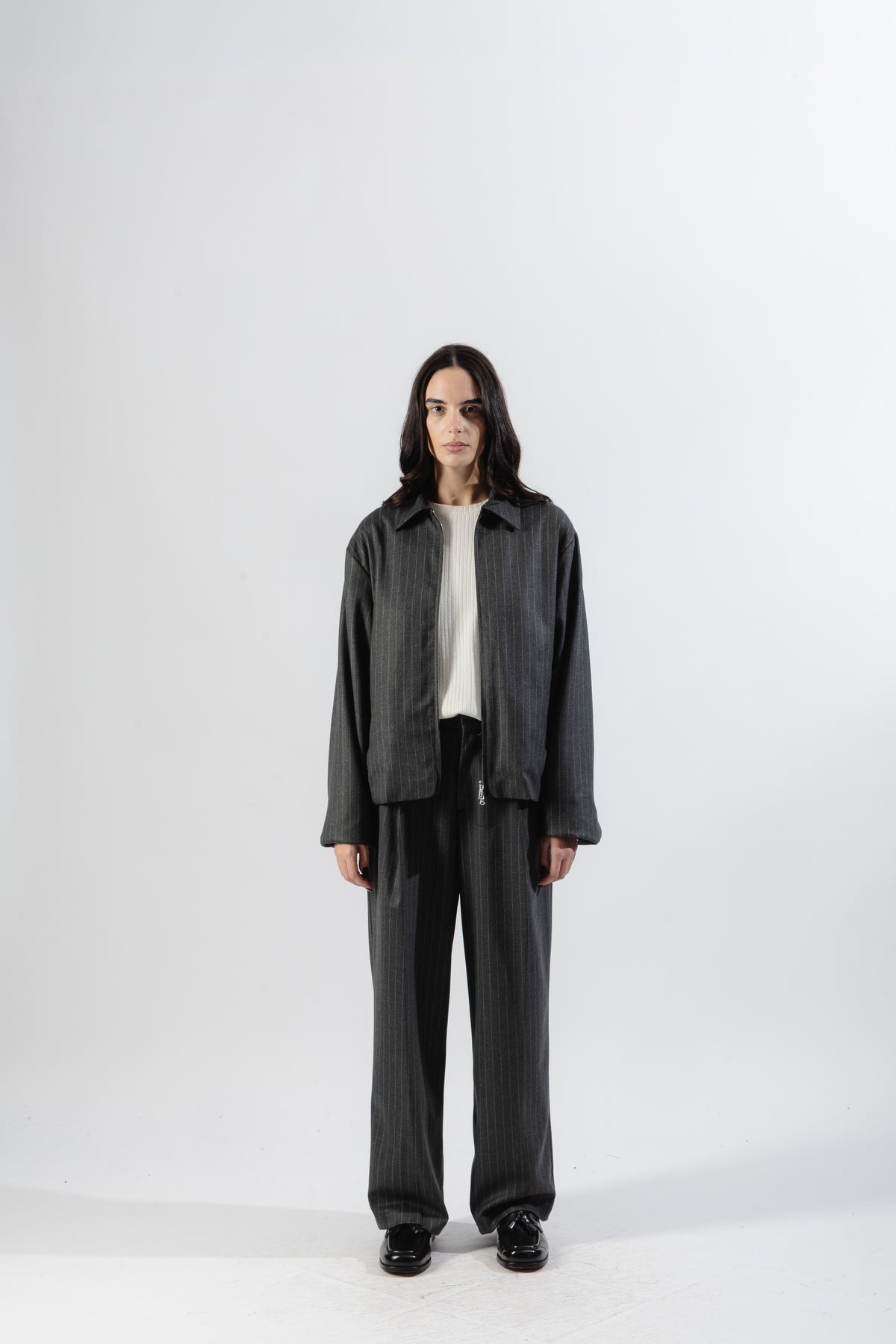Grey Pinstripe Tailored Zip Jacket