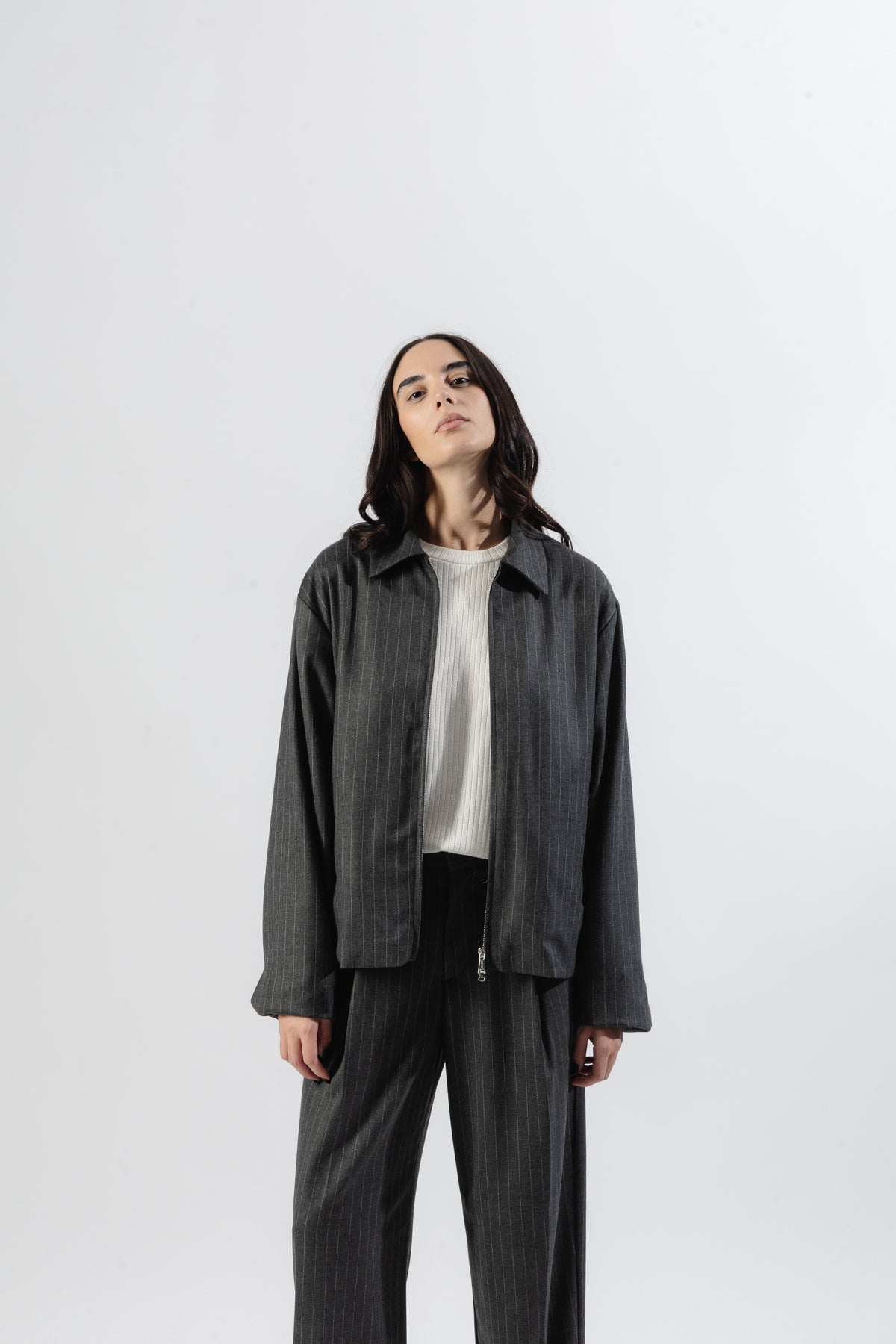 Grey Pinstripe Tailored Zip Jacket