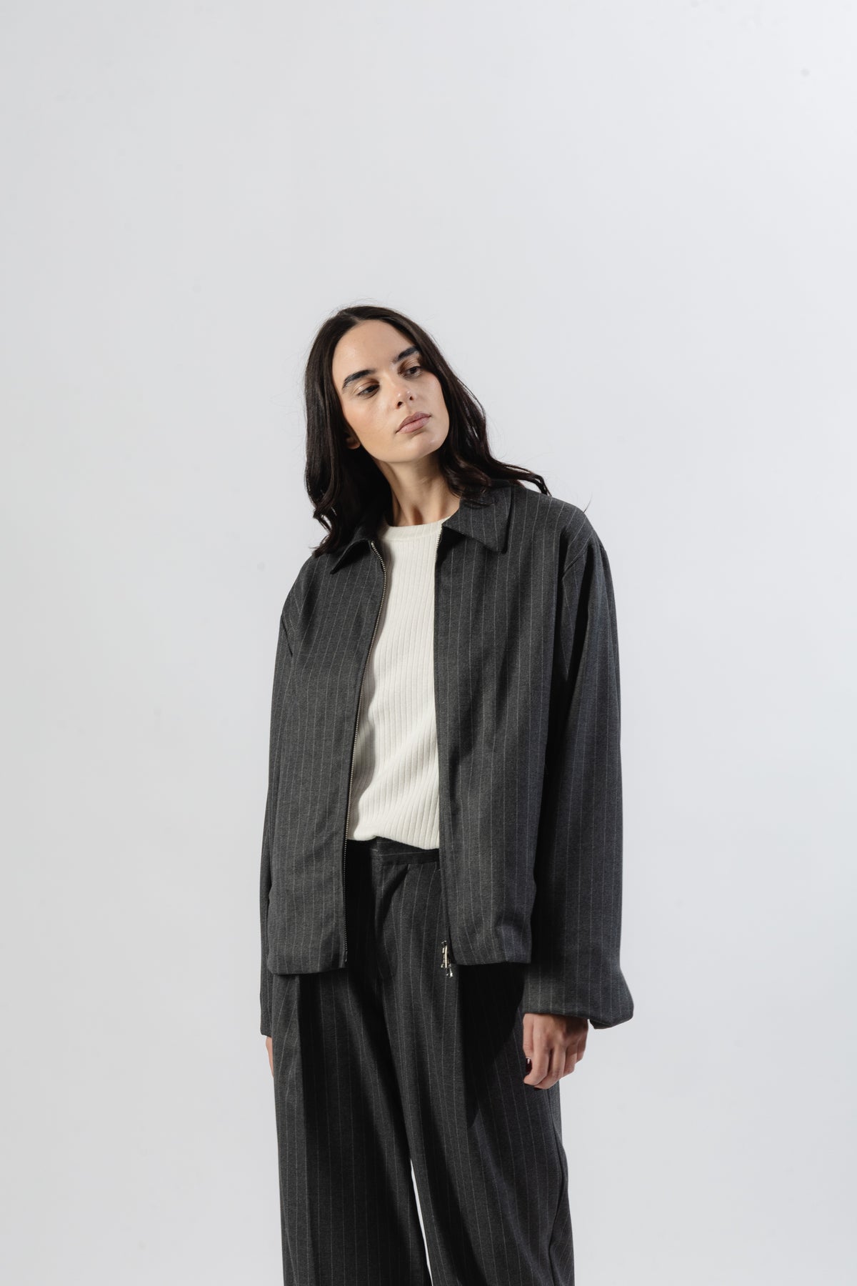 Grey Pinstripe Tailored Zip Jacket