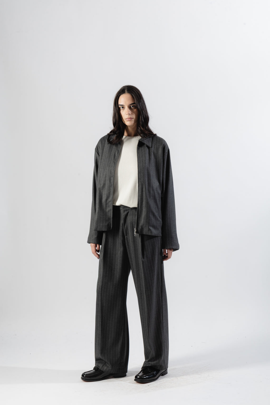 Grey Pinstripe Tailored Zip Jacket