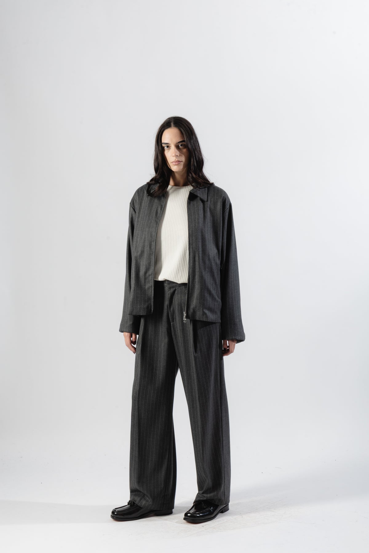 Grey Pinstripe Tailored Zip Jacket