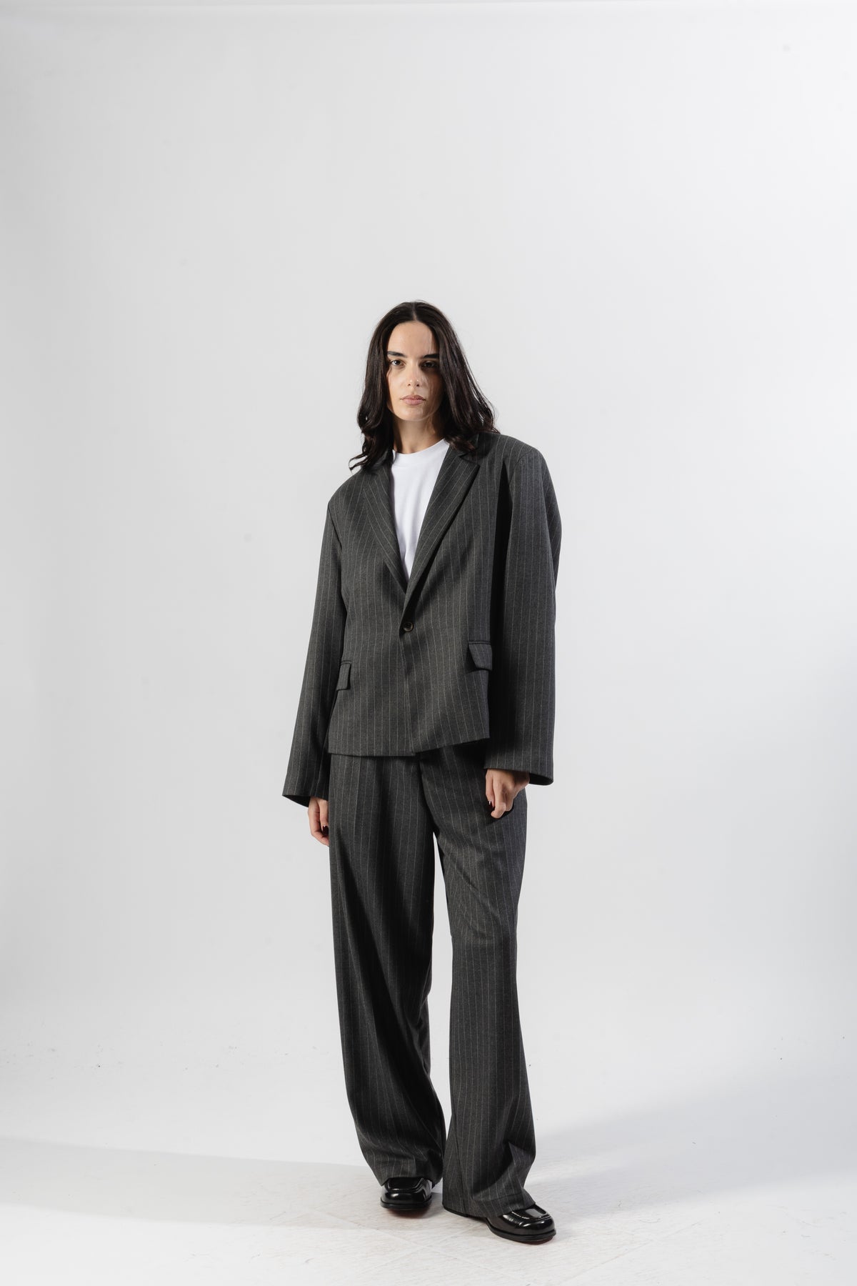 Grey Pinstripe Cropped Single-Breasted Blazer