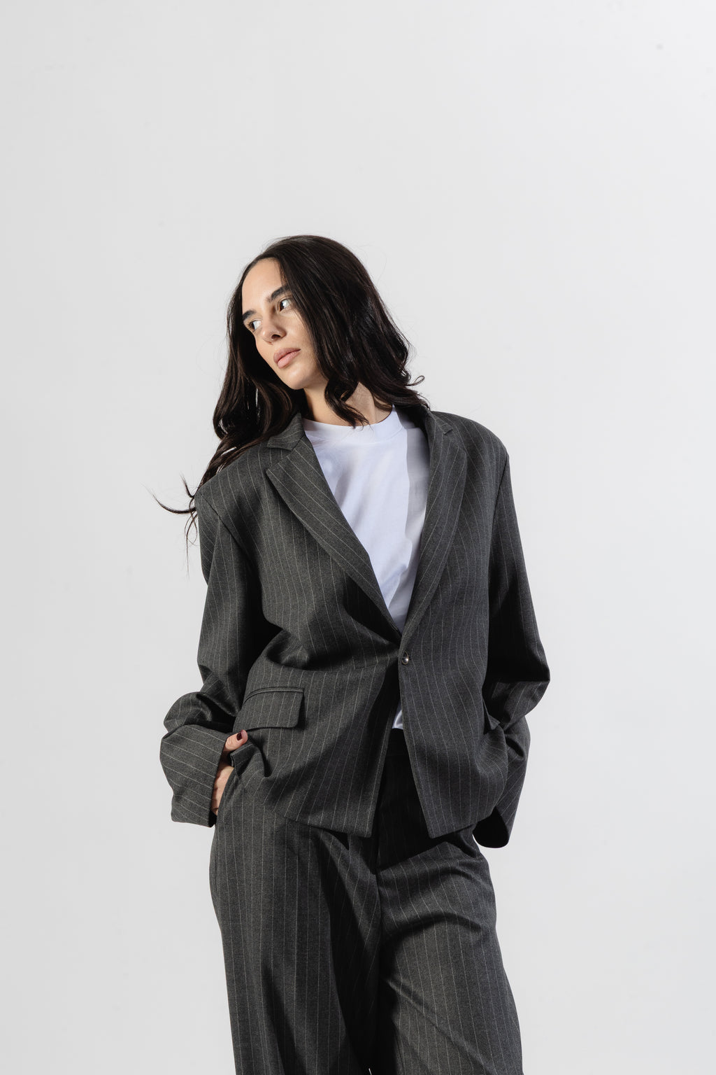 Grey Pinstripe Cropped Single-Breasted Blazer
