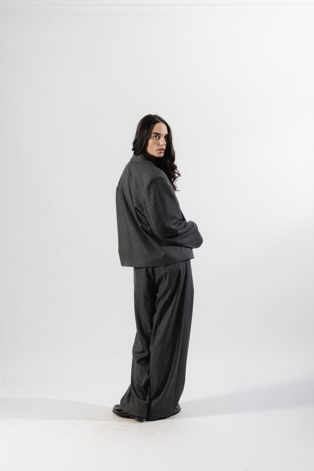 Grey Pinstripe Cropped Single-Breasted Blazer