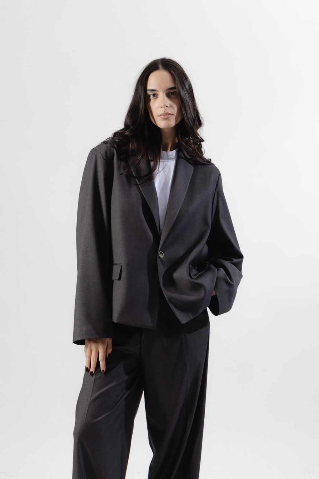 Grey Cropped Single-breasted Blazer