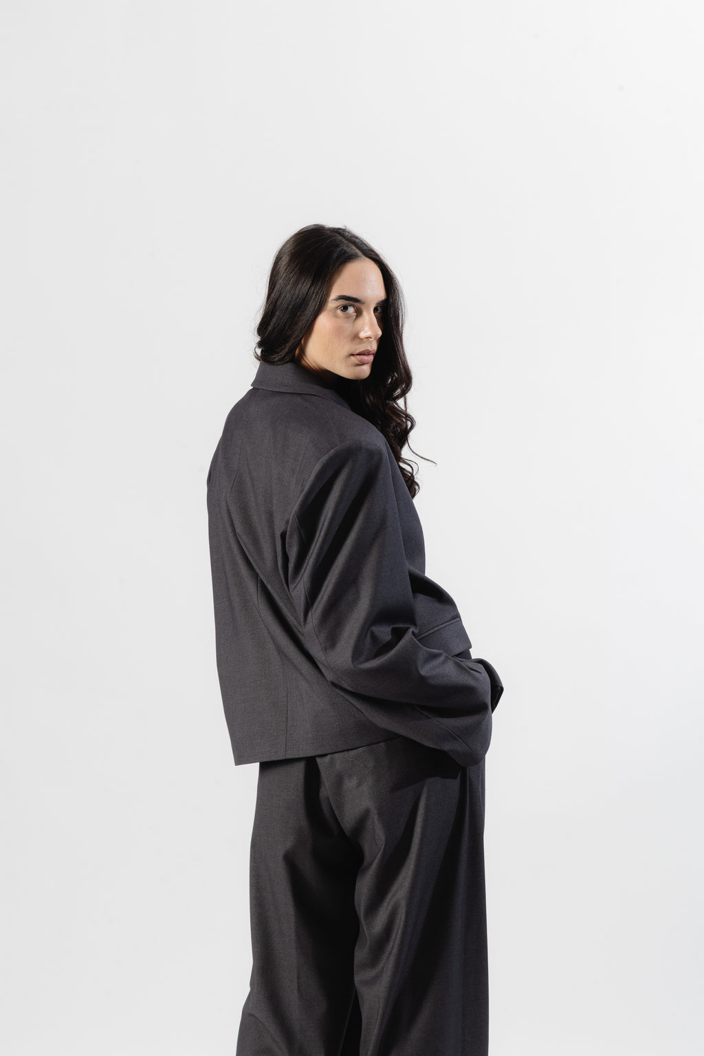 Grey Cropped Single-breasted Blazer