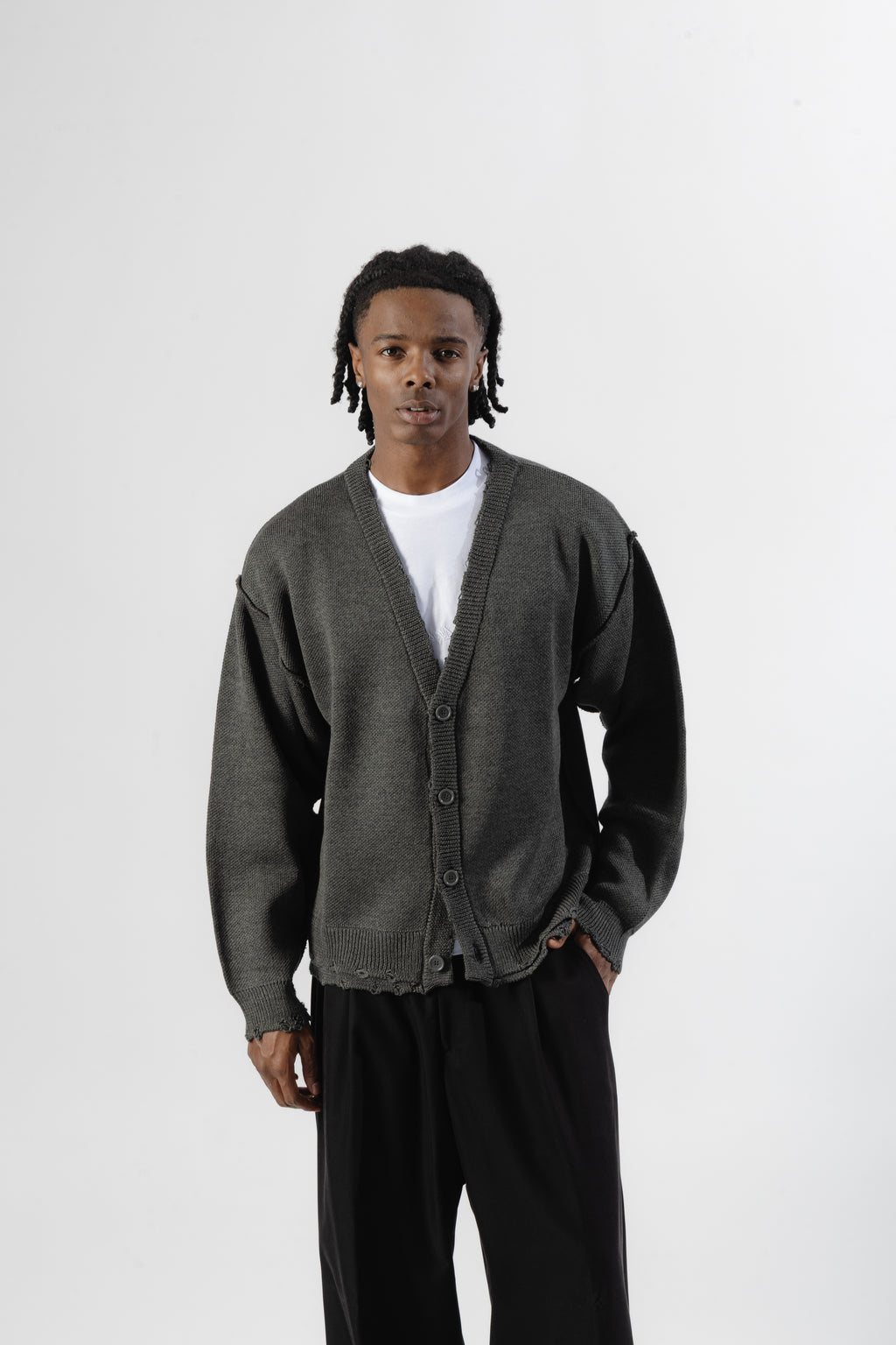 Grey Distressed Knit Cardigan