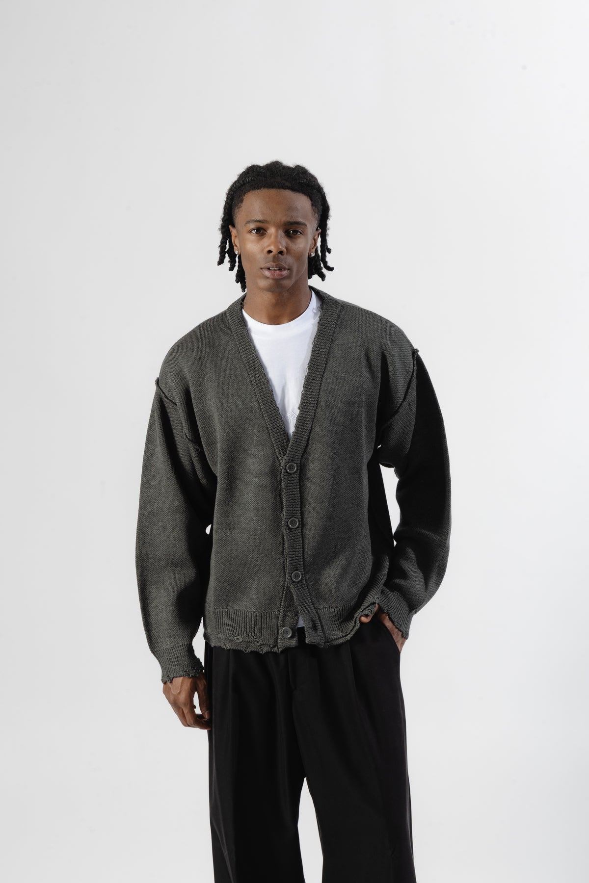 Grey Distressed Knit Cardigan