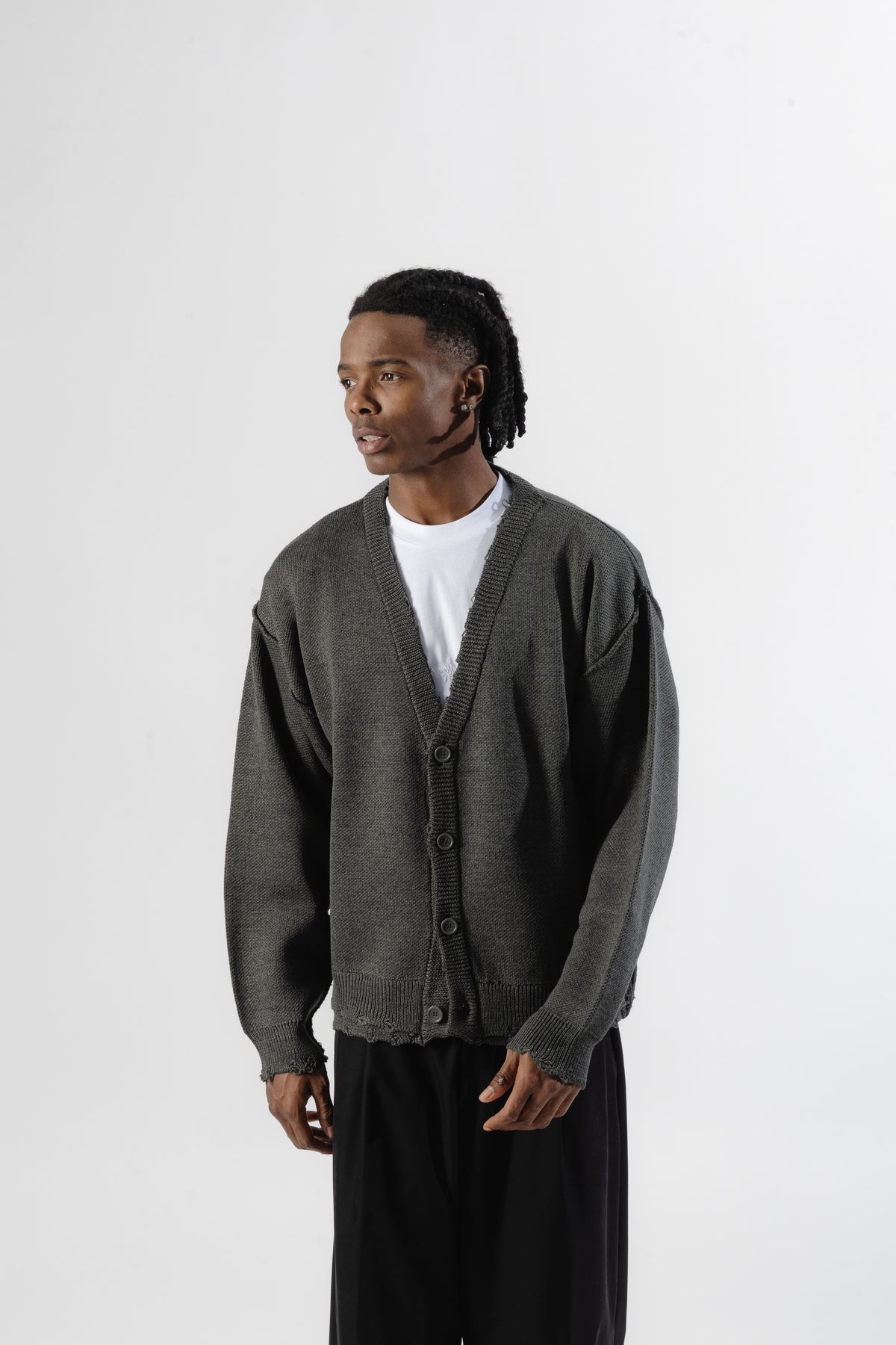 Grey Distressed Knit Cardigan