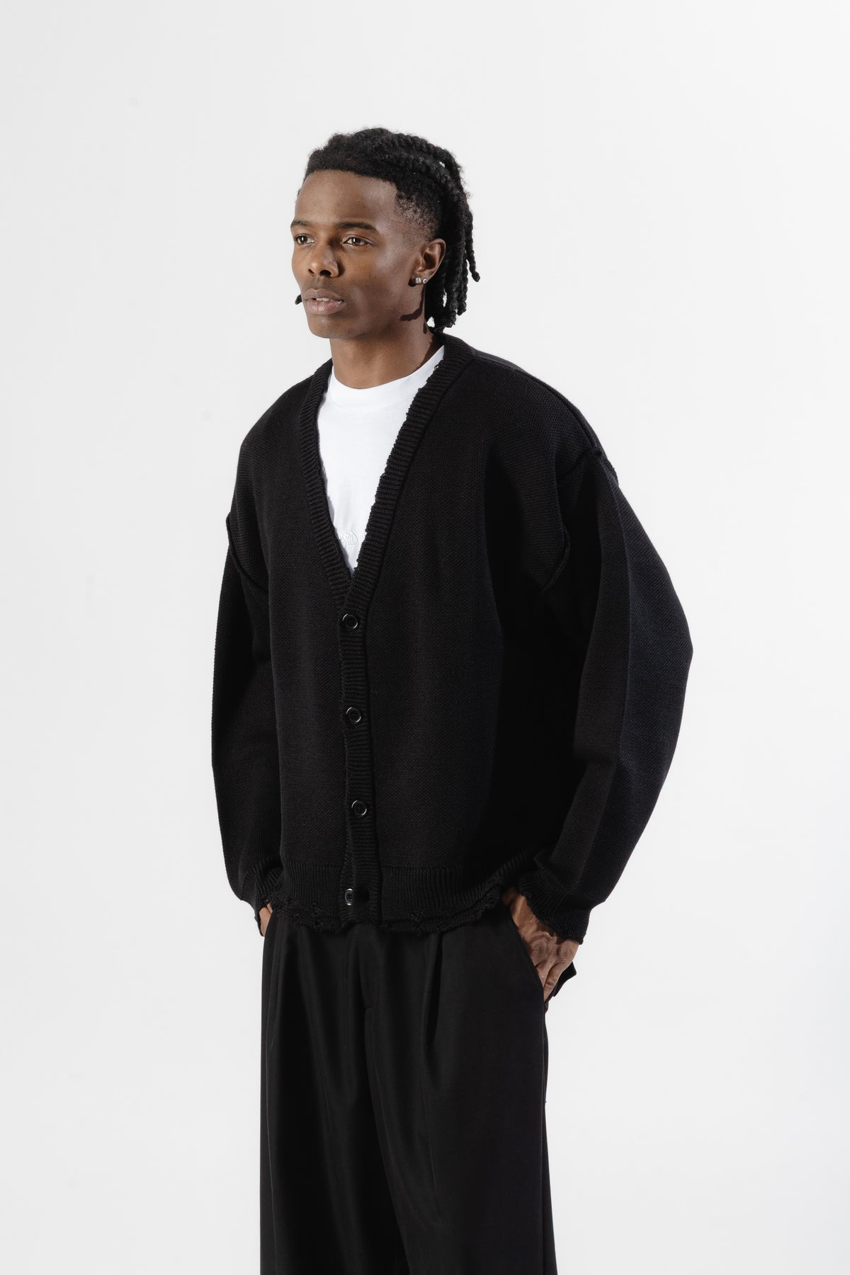 Black Distressed Knit Cardigan