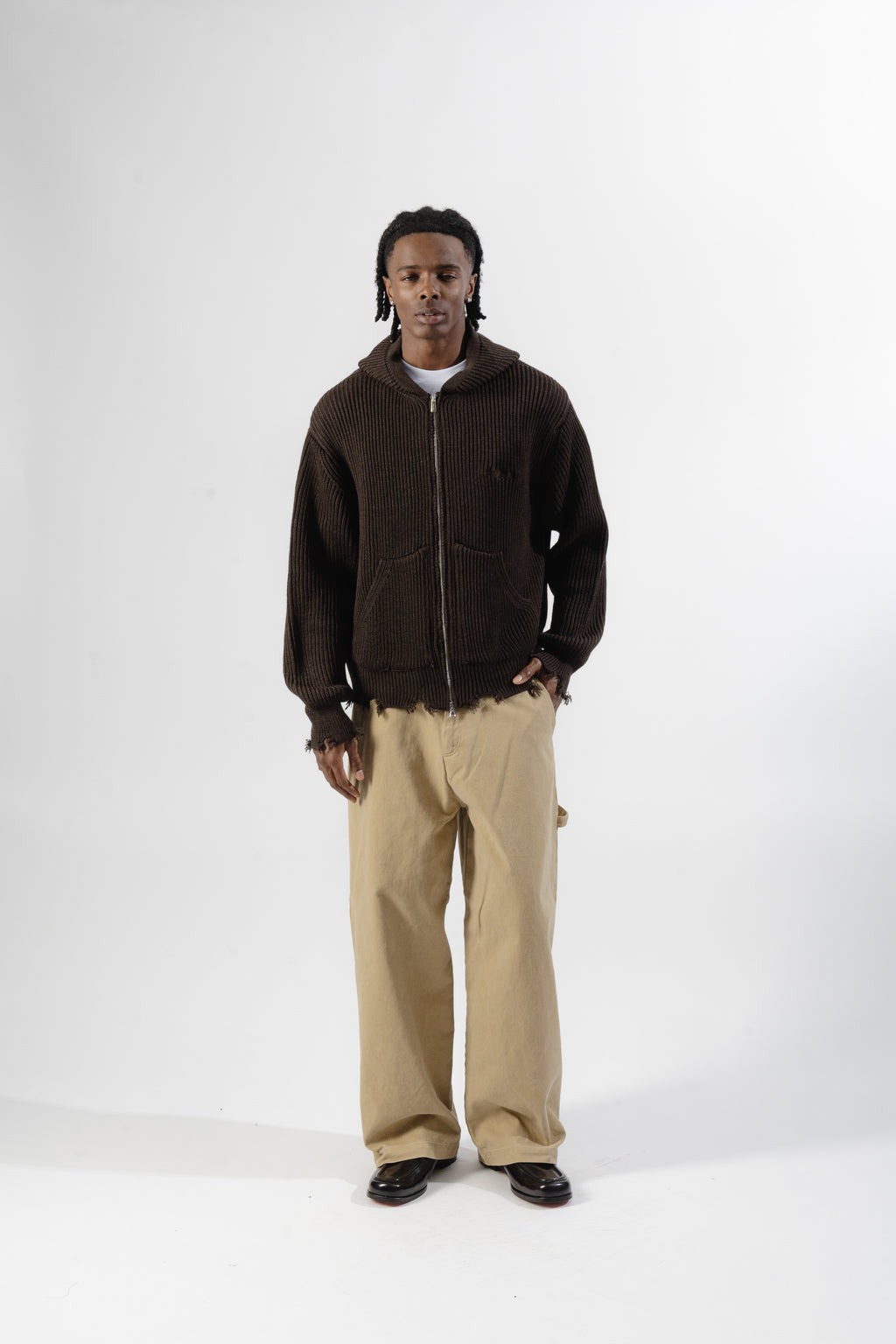Brown Full-Zip Knit Hoodie