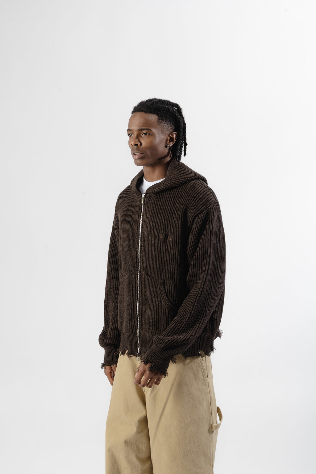 Brown Full-Zip Knit Hoodie