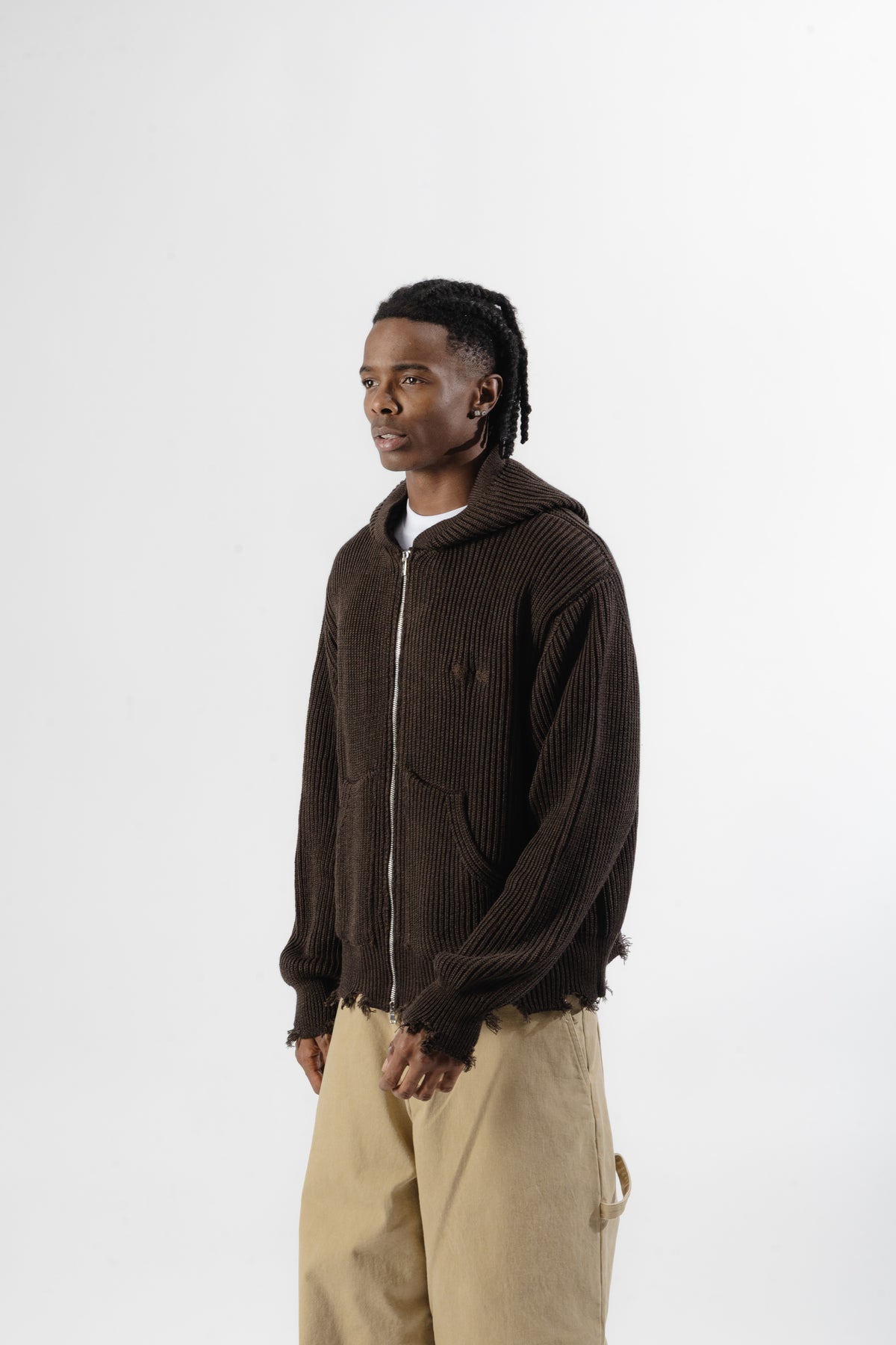 Brown Full-Zip Knit Hoodie